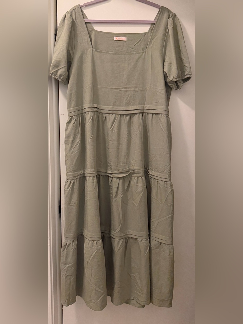 Square-Neck Tiered Midi Dress in Olive Green NWOT
